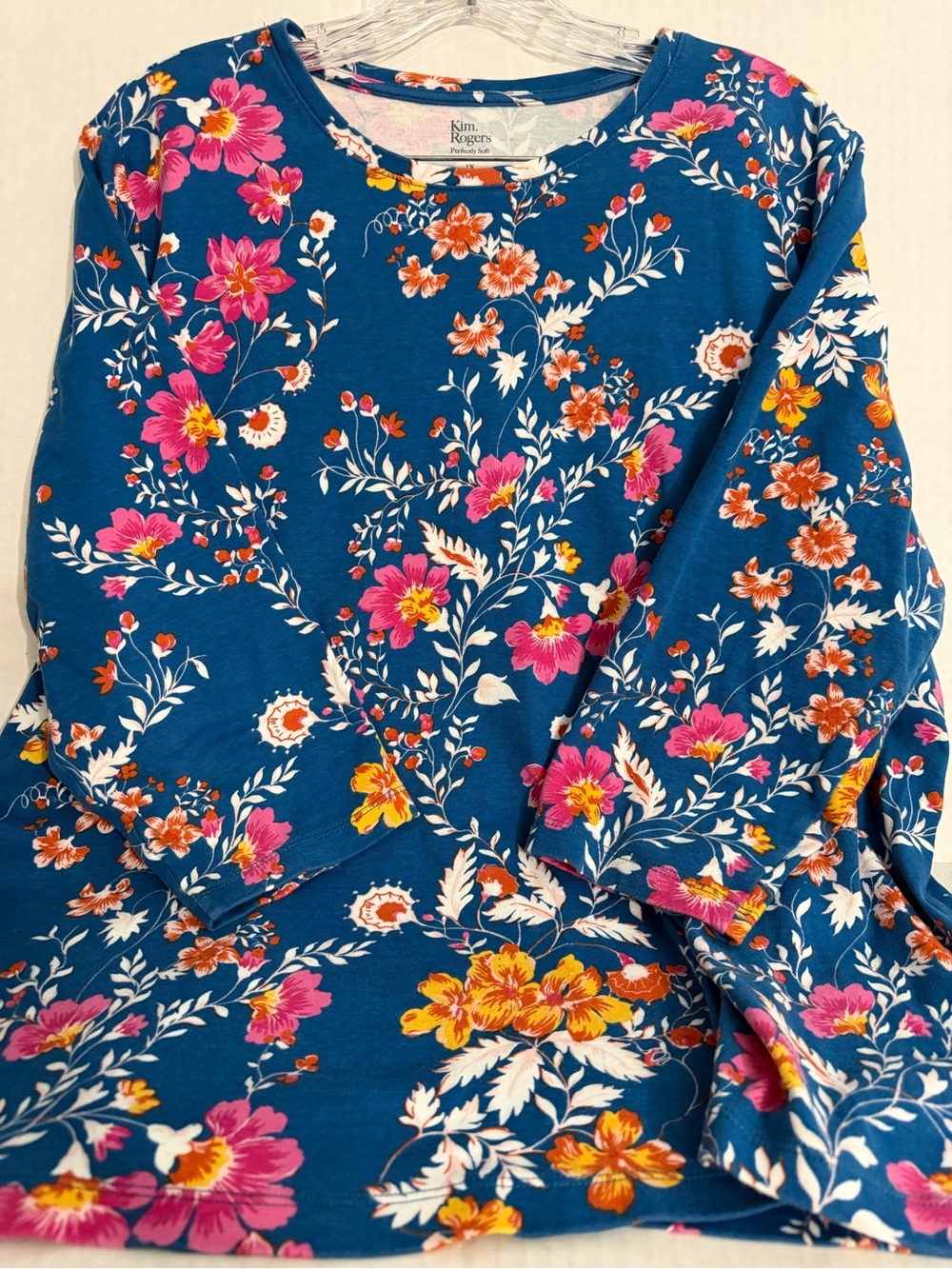 Kim Rogers Perfectly SoftTeal Blue Floral Crewneck Top